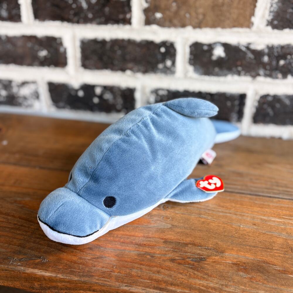 Vintage 1997 TY Pillow Pals Glide Dolphin Plush Blue White With Heart Tag